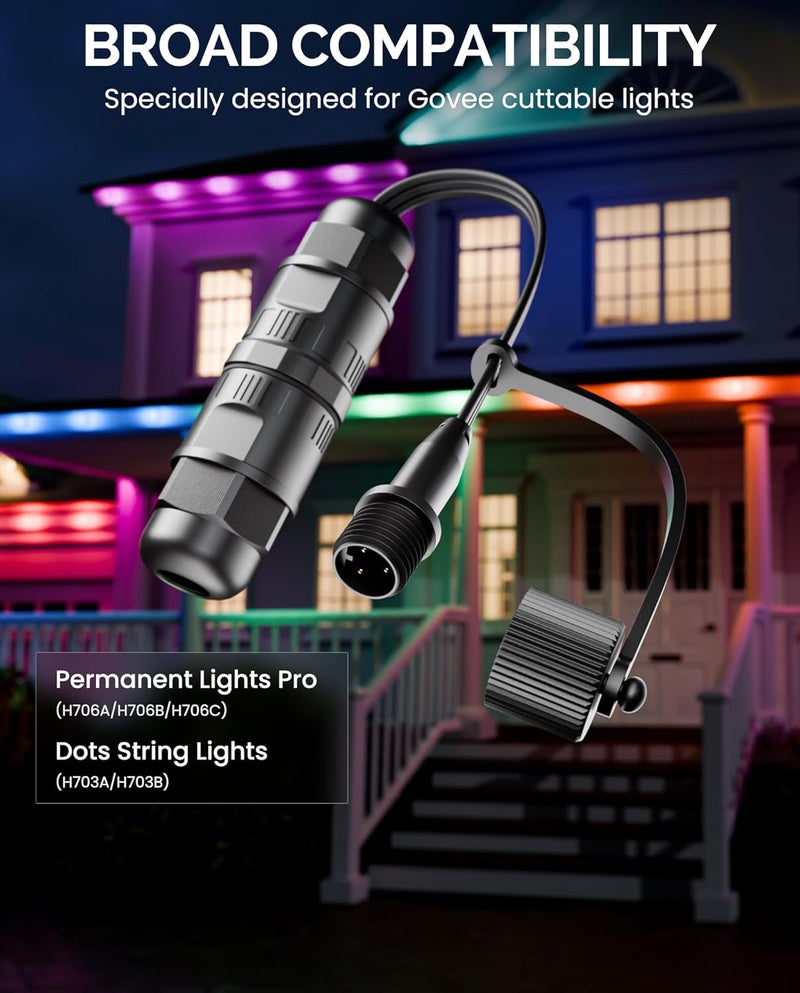 CybeRoad Splice Connector Output for Govee Cuttable Outdoor Lights — Compatible with Govee H706A, H706B, H706C, H703A, H703B, Waterproof Extension Cable Wire Connector Male, Black - Image 2